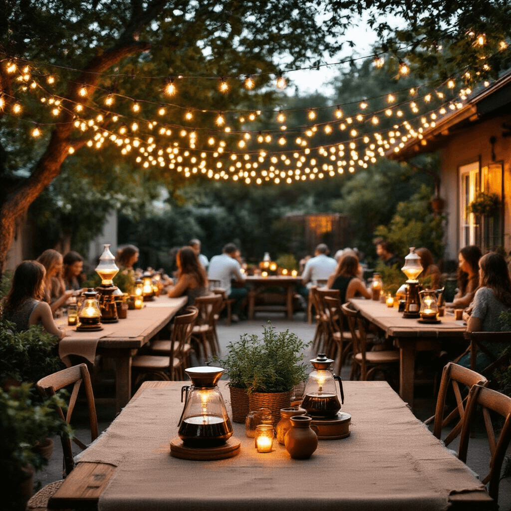 Siphon Coffee Makers A festive coffee brewing party in a stylish backyard, featuring rustic farm tables, dramatic siphon demonstrations, and warm string lights overhead. Guests enjoy the elegant atmosphere surrounded by vintage decor, mason jars of coffee beans, and organic centerpieces in a cozy, inviting setting.