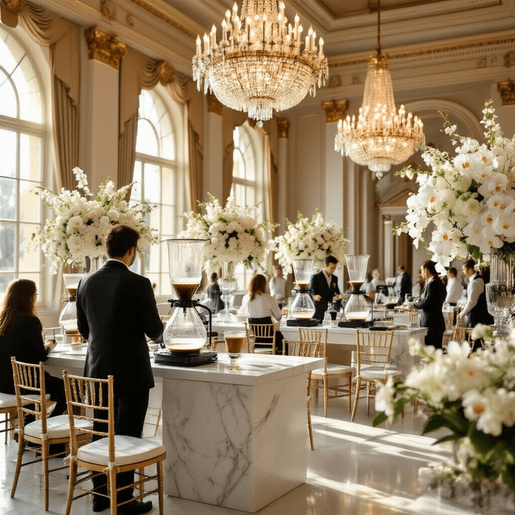 Siphon Coffee Makers Cinematic wide shot of a grand educational coffee symposium with elegant demonstration stations featuring siphon coffee makers, surrounded by gold Chiavari chairs, luxurious floral arrangements, and ambient light reflecting off crystal glassware.