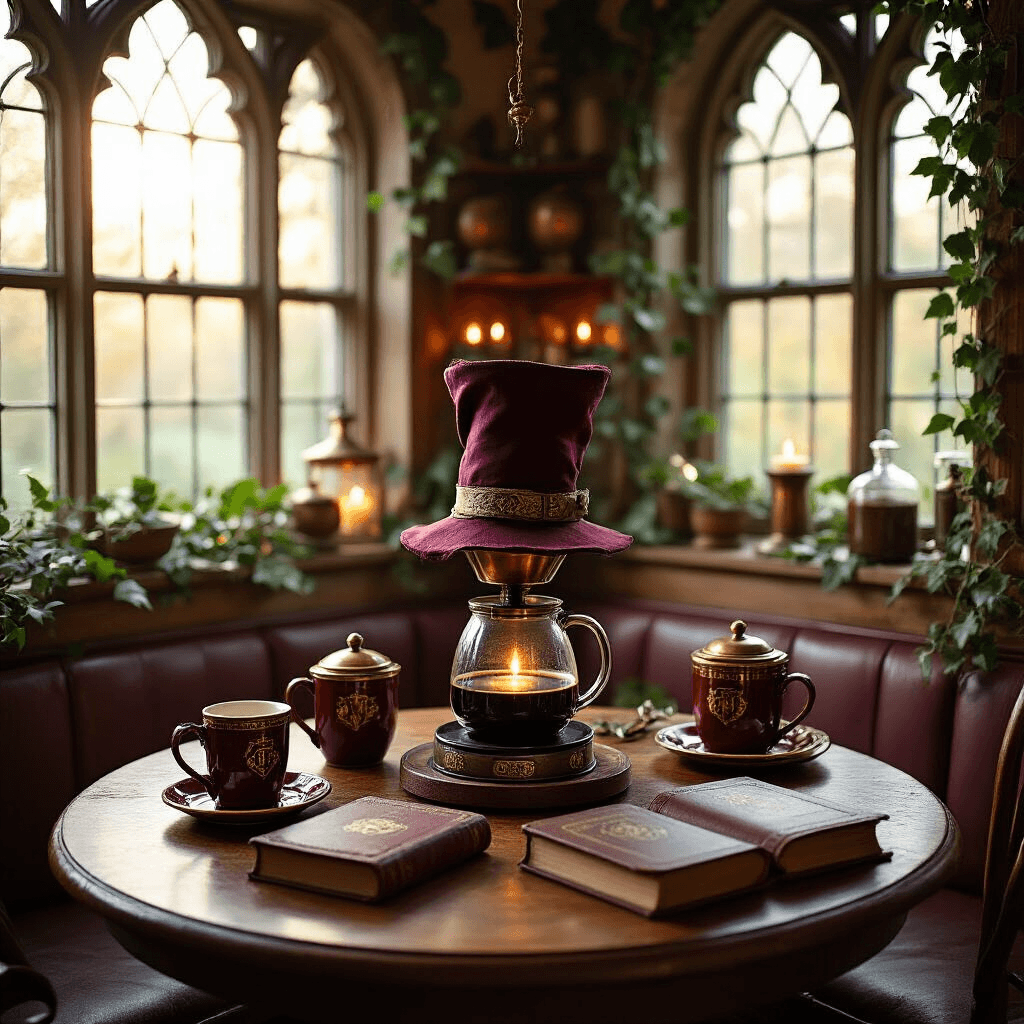 Transform Your Kitchen Into Hogwarts: The Magic Behind Sorting Hat Coffee Makers and Harry Potter Kitchen Decor A cozy kitchen breakfast nook inspired by Hogwarts, featuring a round wooden table with house-themed coffee service, a Sorting Hat coffee maker, floating candles, vintage brass accessories, and spell book placemats, all bathed in warm golden morning light.