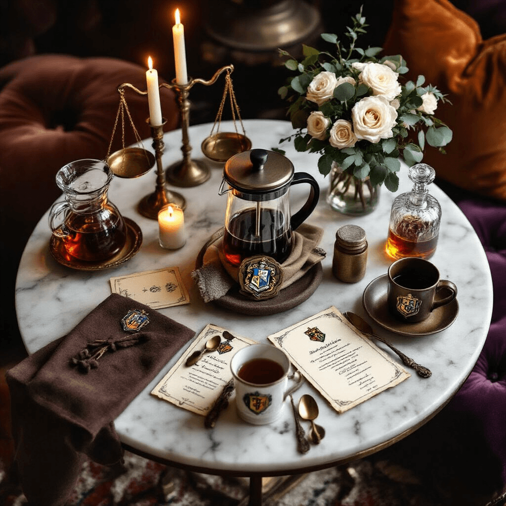 Transform Your Kitchen Into Hogwarts: The Magic Behind Sorting Hat Coffee Makers and Harry Potter Kitchen Decor Elegant coffee brewing ritual setup in a moody candlelit atmosphere, featuring a French press with a Sorting Hat cozy, antique brass scales, crystal decanters labeled as potions, and four distinct place settings for Hogwarts houses, alongside fresh roses and flickering candles on a low marble table.