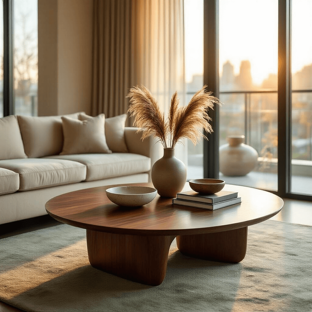 What Makes Mid-Century Coffee Tables So Special? Cinematic wide-angle shot of a modern apartment living room during golden hour, featuring a walnut mid-century coffee table with a ceramic vase, marble bowl, and art books, surrounded by a cream velvet sofa on a sage green wool rug, illuminated by soft sunlight through floor-to-ceiling windows.