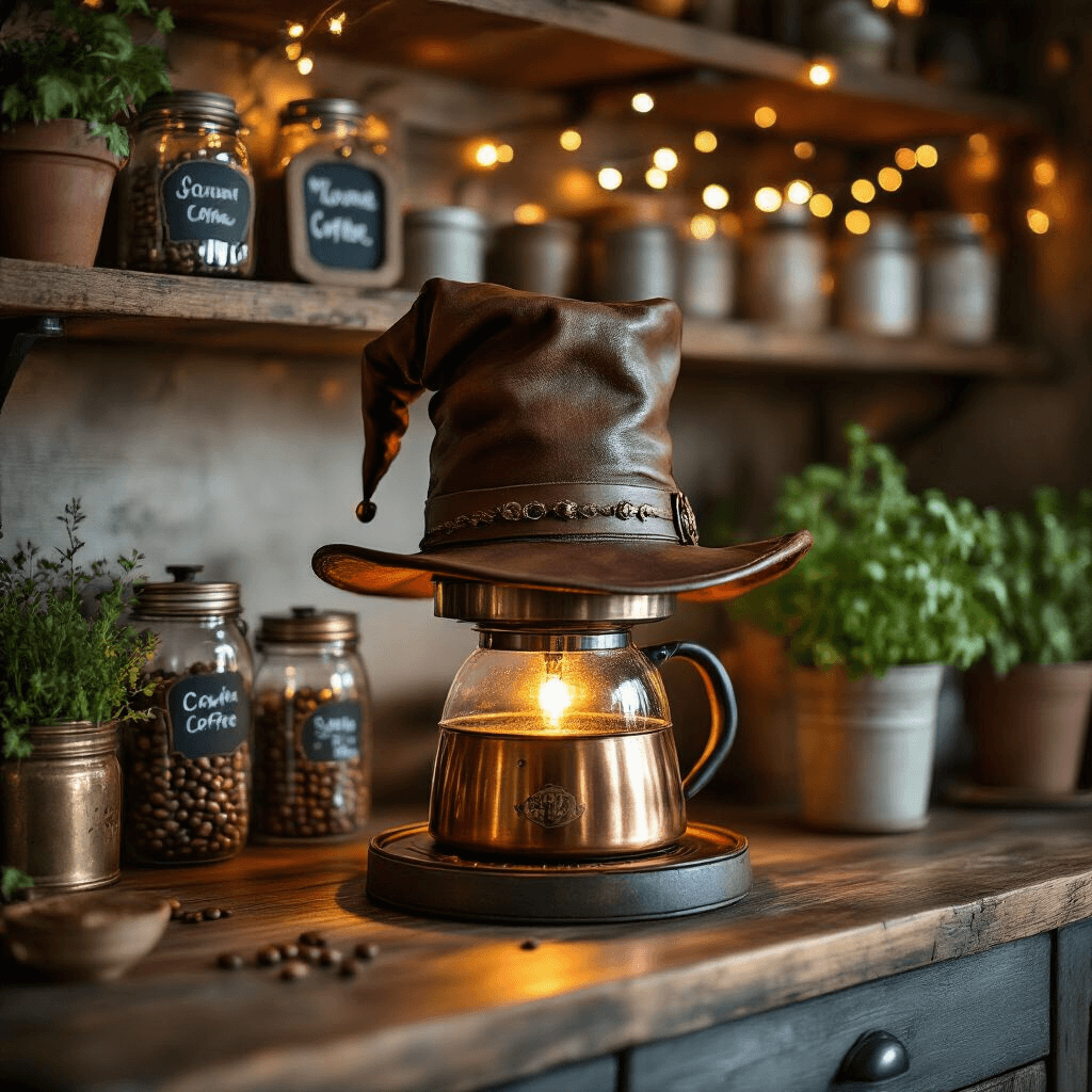 Transform Your Kitchen Into Hogwarts: The Magic Behind Sorting Hat Coffee Makers and Harry Potter Kitchen Decor Close-up shot of a rustic kitchen island coffee station featuring a custom DIY Sorting Hat coffee maker, with warm amber lights glowing from its brim. The scene includes distressed wooden shelving with house-themed coffee accessories, mason jar storage, terracotta pots with fresh herbs, and strings of fairy lights. The color palette highlights warm terracotta, sage green, and cream tones with house color accents.
