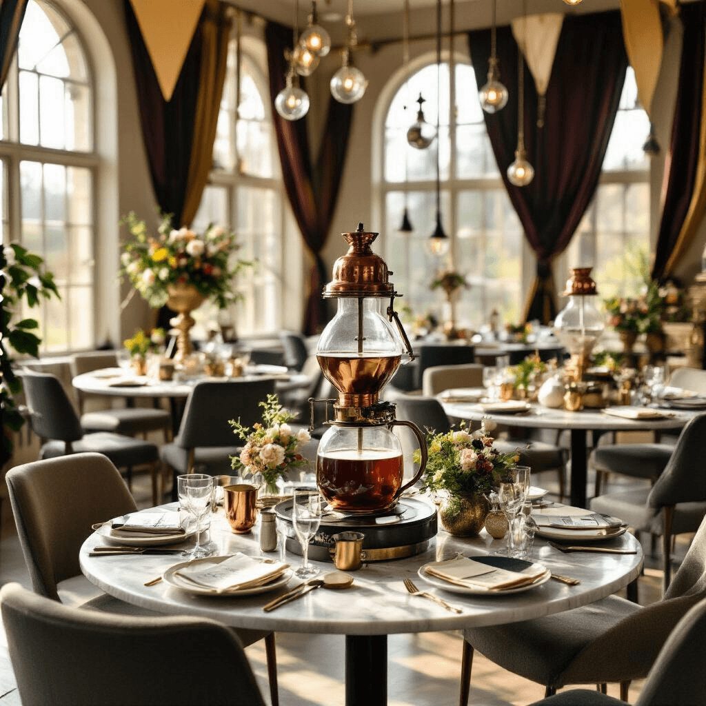 Transform Your Kitchen Into Hogwarts: The Magic Behind Sorting Hat Coffee Makers and Harry Potter Kitchen Decor Wide-angle shot of a modern apartment living space transformed into a Hogwarts-inspired coffee party setup, featuring round tables in house colors, a central coffee tasting station with a custom Sorting Hat pour-over setup, and elegant decorative elements like floating candles and silk banners, all bathed in soft midday sunlight.