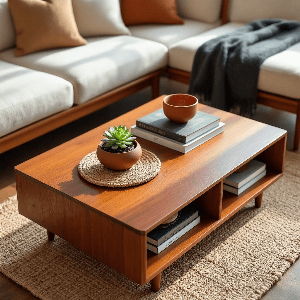 What Makes Mid-Century Coffee Tables So Special? Overhead view of a mid-century teak coffee table with hidden storage, displaying arranged coffee table books and sculptural objects, accented by a potted succulent, woven jute placemat, and terracotta ceramic bowl, in a cozy living room nook with soft morning light and cream linen sofa cushions.