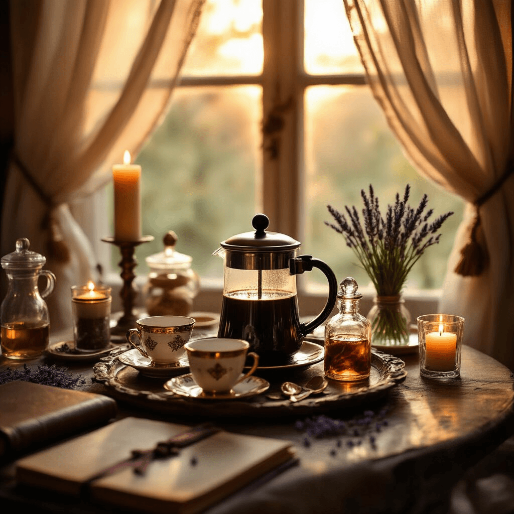 Transform Your Kitchen Into Hogwarts: The Magic Behind Sorting Hat Coffee Makers and Harry Potter Kitchen Decor Cinematic detail shot of an intimate dining nook coffee ceremony featuring a Sorting Hat French press, porcelain cups with gold rims, house-colored sugar crystal bottles, vintage silver spoons, and lavender sprigs on a wooden tray, all bathed in warm golden hour light.