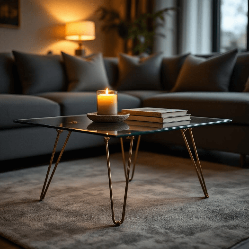 What Makes Mid-Century Coffee Tables So Special? Close-up of a vintage-inspired glass and metal mid-century coffee table with brass hairpin legs, set in a candlelit apartment. The moody ambiance showcases intricate materials against a charcoal gray sectional sofa, featuring a ceramic candle holder, natural stone accents, and an art book, all illuminated by soft ambient lighting.