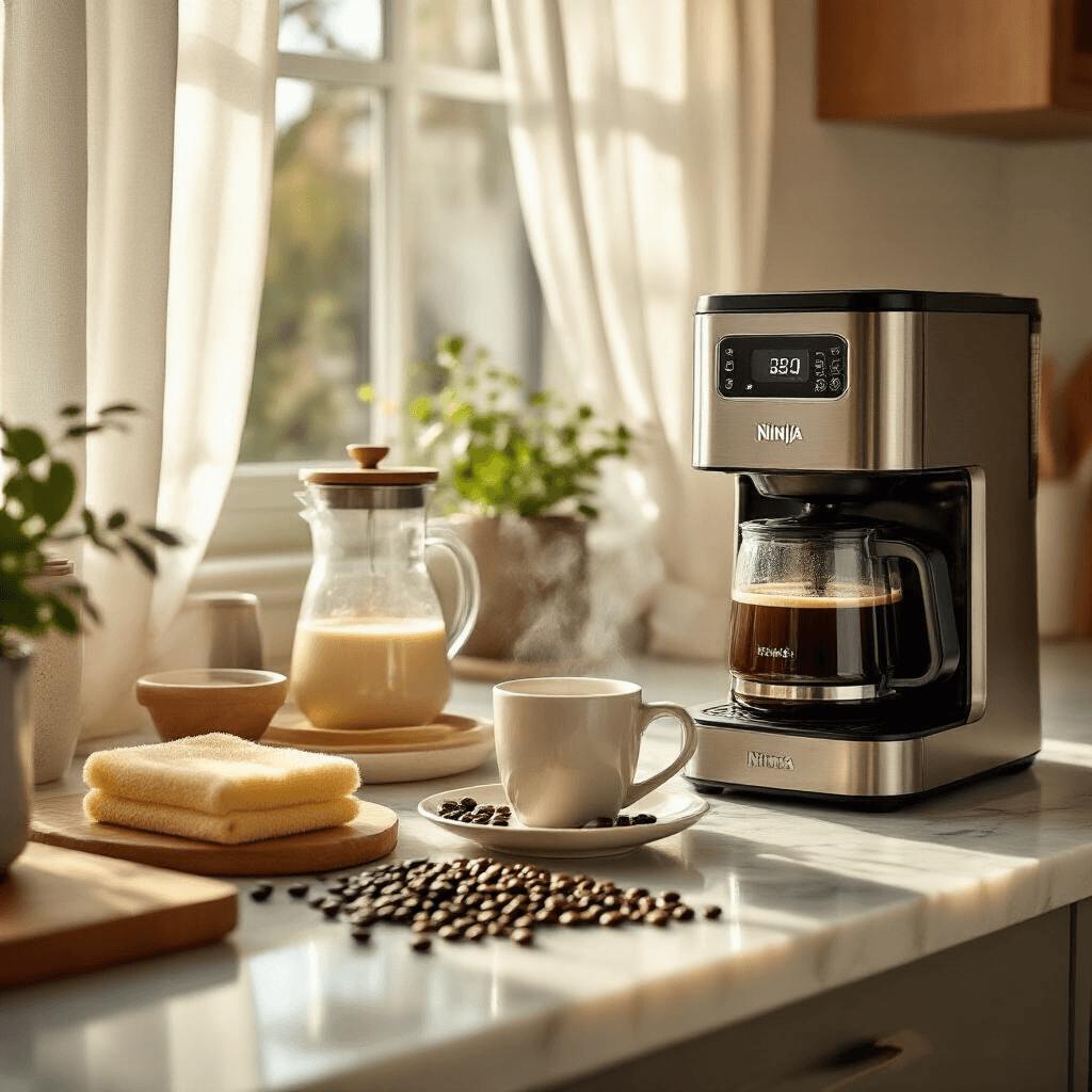 How I Learned to Keep My Ninja Coffee Maker Running Like New (And You Can Too) Cozy modern kitchen bathed in soft morning light, featuring a pristine Ninja coffee maker on a marble countertop, surrounded by glass carafes, coffee beans, and a steaming cup of coffee, with golden sunlight streaming through sheer curtains.