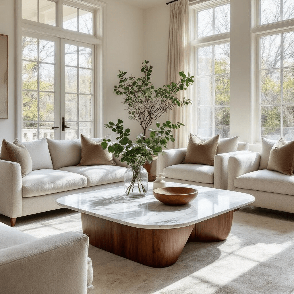 What Makes Mid-Century Coffee Tables So Special? Spacious modern living room featuring an oval marble and walnut coffee table, illuminated by midday sunlight through large windows, surrounded by a light gray linen sofa and armchairs, styled minimally with a glass vase, wooden bowl, and succulent arrangement.