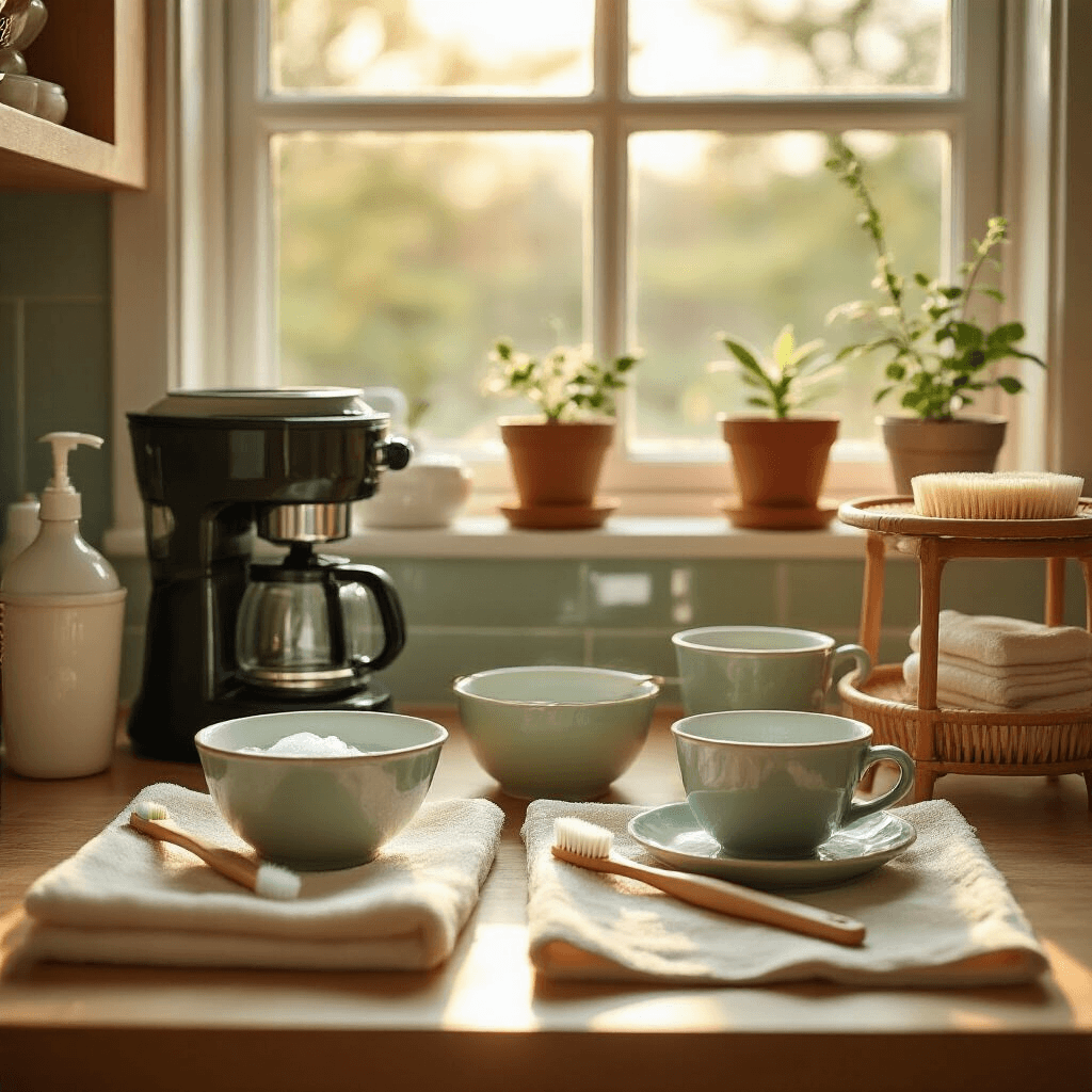 How I Learned to Keep My Ninja Coffee Maker Running Like New (And You Can Too) An overhead view of an intimate kitchen nook during golden hour, showcasing a meticulously organized deep cleaning setup with a soft-bristled toothbrush, warm soapy water in ceramic bowls, and coffee maker components on cream silk towels, surrounded by terracotta and sage green accents, vintage windows, and a bamboo drying rack.