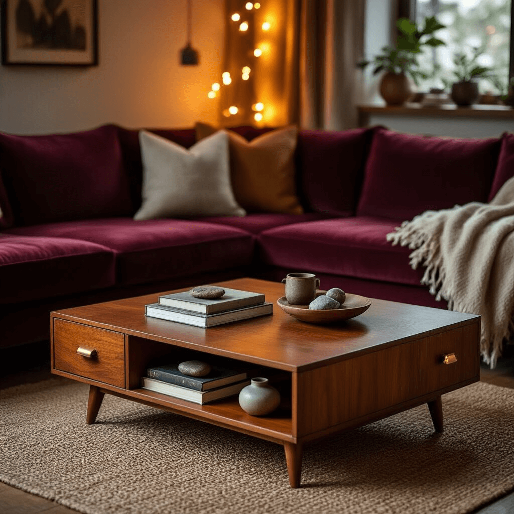 What Makes Mid-Century Coffee Tables So Special? Moody living room featuring a triangular mid-century coffee table with storage, warm ambient lighting from string lights, a deep burgundy velvet sofa, and curated objects on a lower shelf, set on a jute rug with wool throws.