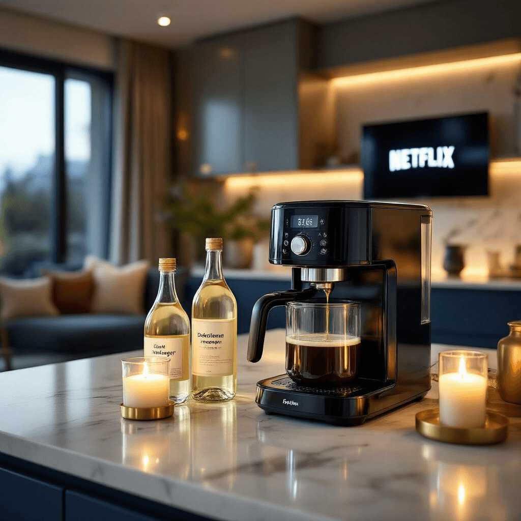 How I Learned to Keep My Ninja Coffee Maker Running Like New (And You Can Too) A modern kitchen during a descaling ritual, featuring elegant glass bottles of distilled white vinegar, steam rising from a coffee maker, and a cozy living room with a softly glowing Netflix screen in the background. The scene is enhanced by a rich navy blue and gold color palette, warm brass fixtures, and marble surfaces, all bathed in candlelit ambiance.