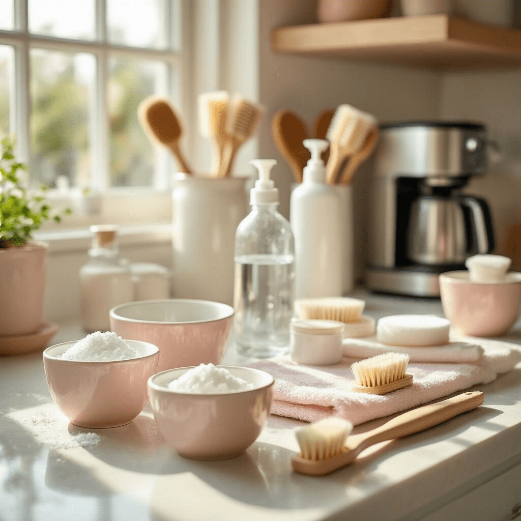 How I Learned to Keep My Ninja Coffee Maker Running Like New (And You Can Too) A close-up of a stylish kitchen counter featuring ceramic bowls of baking soda paste, artistic bottle brushes, and sparkling coffee maker components, illuminated by soft afternoon sunlight with a blush pink and cream color palette.