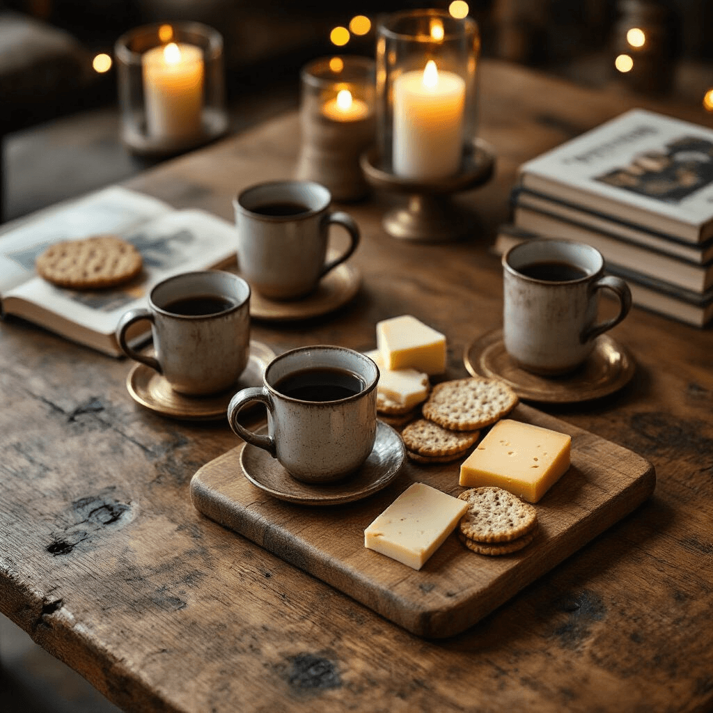 Why I'm Obsessed with Solid Wood Coffee Tables (And You Should Be Too) Overhead flat lay of a rustic oak coffee table adorned with ceramic mugs, artisanal cheeses, coffee table books, vintage brass coasters, and soft candlelight, creating an intimate gathering ambiance.