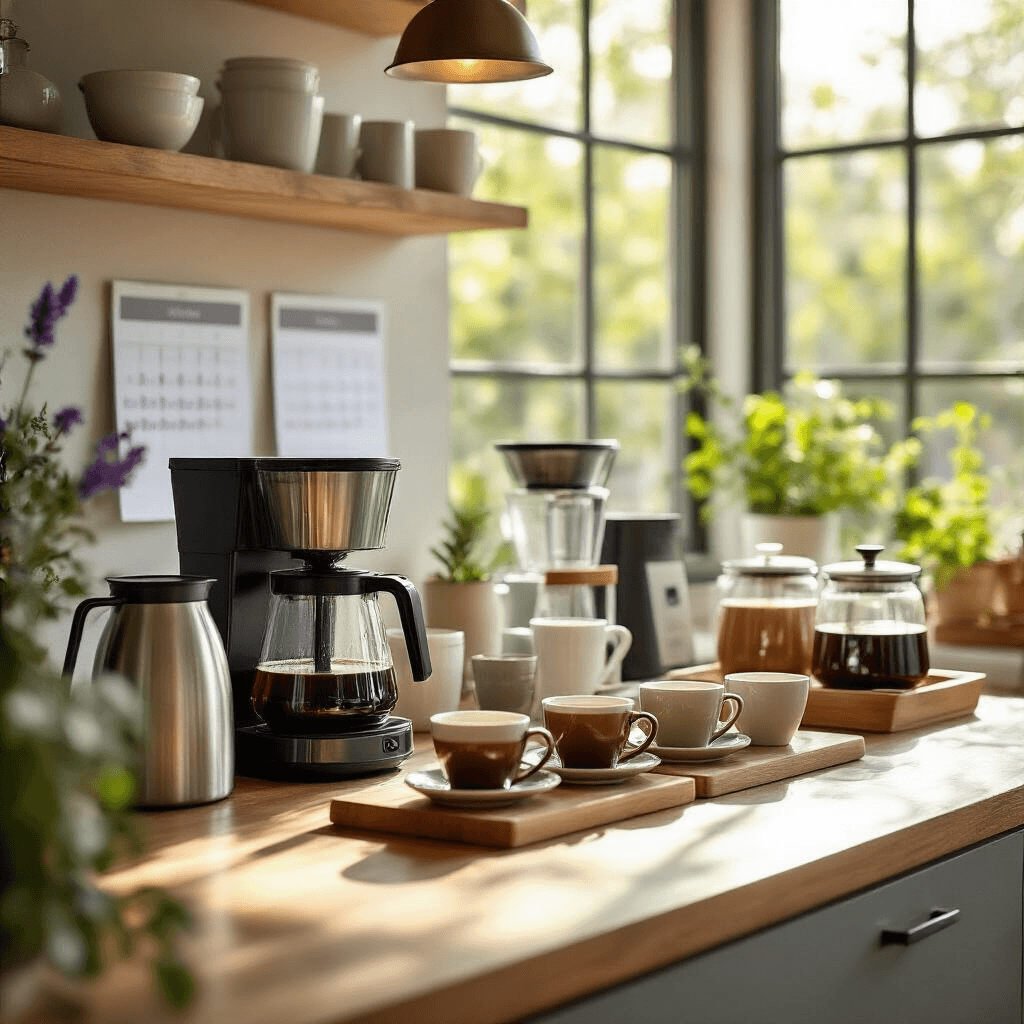 How I Learned to Keep My Ninja Coffee Maker Running Like New (And You Can Too) An elevated coffee station in a bright kitchen, featuring a filtered water pitcher, replacement filters, and a taste-testing area with ceramic cups of various coffee shades. Fresh beans in glass containers and a visible maintenance calendar highlight quality assessment. Lavender and silver accents with warm wood elements enhance the spa-like atmosphere, illuminated by midday sunlight streaming through large windows.