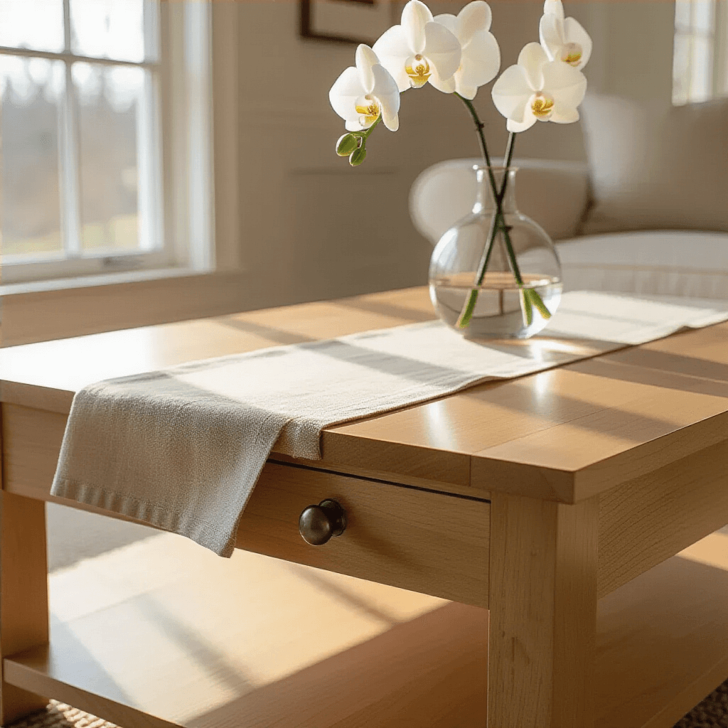Why I'm Obsessed with Solid Wood Coffee Tables (And You Should Be Too) Close-up of a solid maple coffee table showcasing hand-sanded surface, dovetail joinery at drawer corners, brushed metal hardware, and a cream linen table runner with a glass vase holding white orchid stems, illuminated by soft natural light.