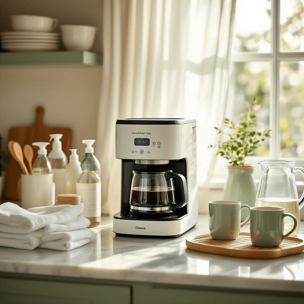 How to Deep Clean Your Coffee Maker with Vinegar: My Battle Against Coffee Grime A bright, organized kitchen counter with a coffee maker, cleaning supplies, and fresh linens bathed in soft morning light.