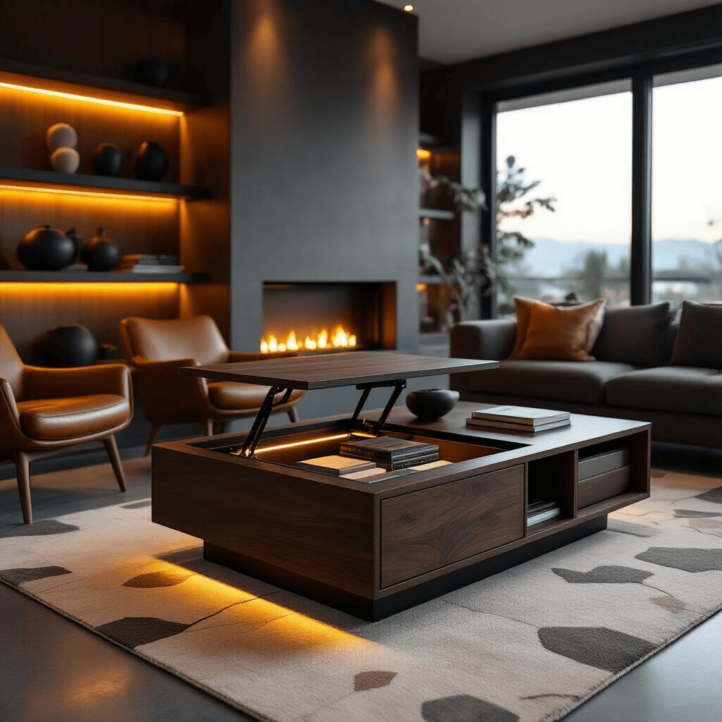 Why I'm Obsessed with Solid Wood Coffee Tables (And You Should Be Too) Cinematic wide shot of a contemporary living space showcasing a dark walnut coffee table with lift-top storage, moody evening lighting, polished concrete floors, mid-century modern cognac leather chairs, and minimalist charcoal sofa, accented with architectural pottery, coffee table books, and a brass sculpture.