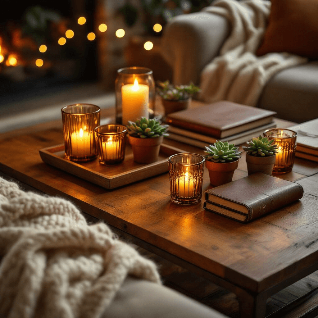 Why I'm Obsessed with Solid Wood Coffee Tables (And You Should Be Too) Close-up of a cherry wood coffee table elegantly styled for evening entertainment, featuring warm candlelight, amber glassware, leather journals, and succulents in terra cotta pots, with a hand-knitted cream throw nearby and soft golden lighting highlighting its smooth grain and rich tones.