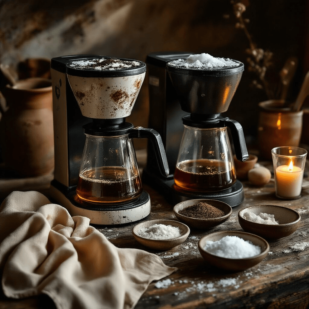 How to Deep Clean Your Coffee Maker with Vinegar: My Battle Against Coffee Grime A close-up cinematic shot of coffee maker components before and after cleaning, showcasing mineral buildup and dark stains alongside gleaming restored parts, set on a rustic wooden table with moody lighting, vintage glass measuring cups, and artistic tea towel draping.