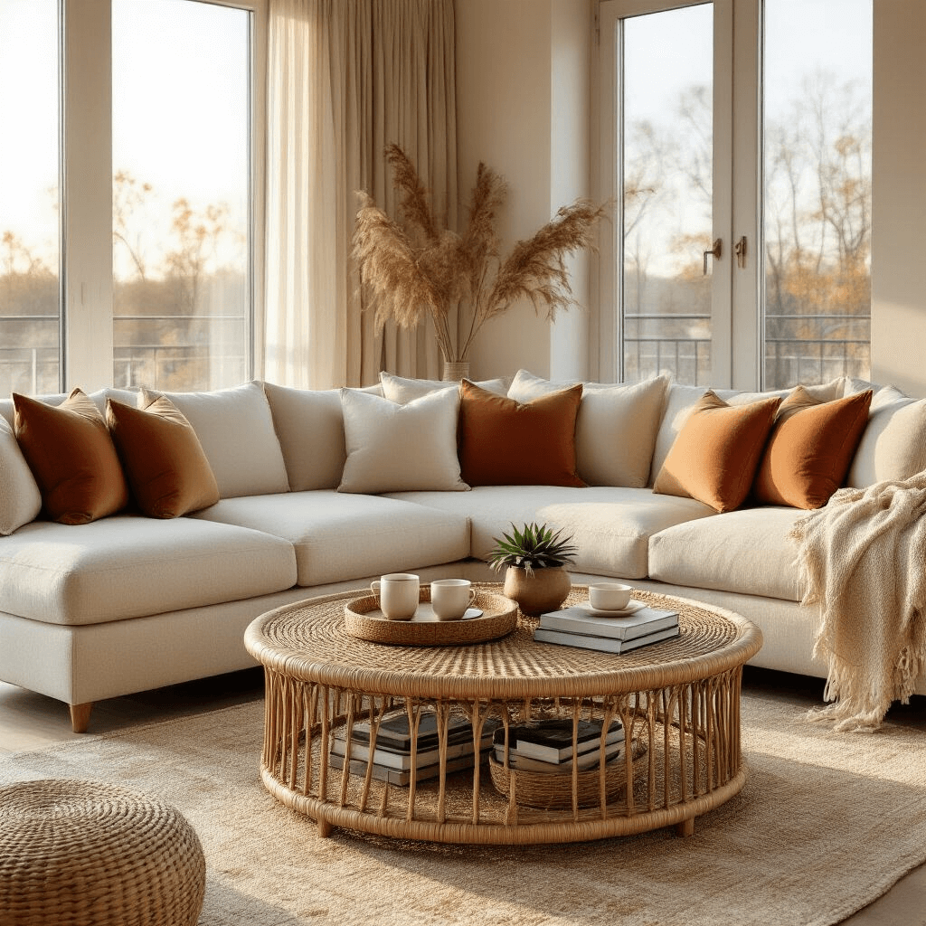 The Rattan Coffee Table Revolution: Why I Ditched My Glass Top for Woven Paradise Photorealistic wide-angle shot of a modern living room with a round rattan coffee table, plush cream sectional sofa, and warm golden hour sunlight streaming through large windows, highlighting intimate styling details like coffee cups, books, a succulent, and silk throw pillows.