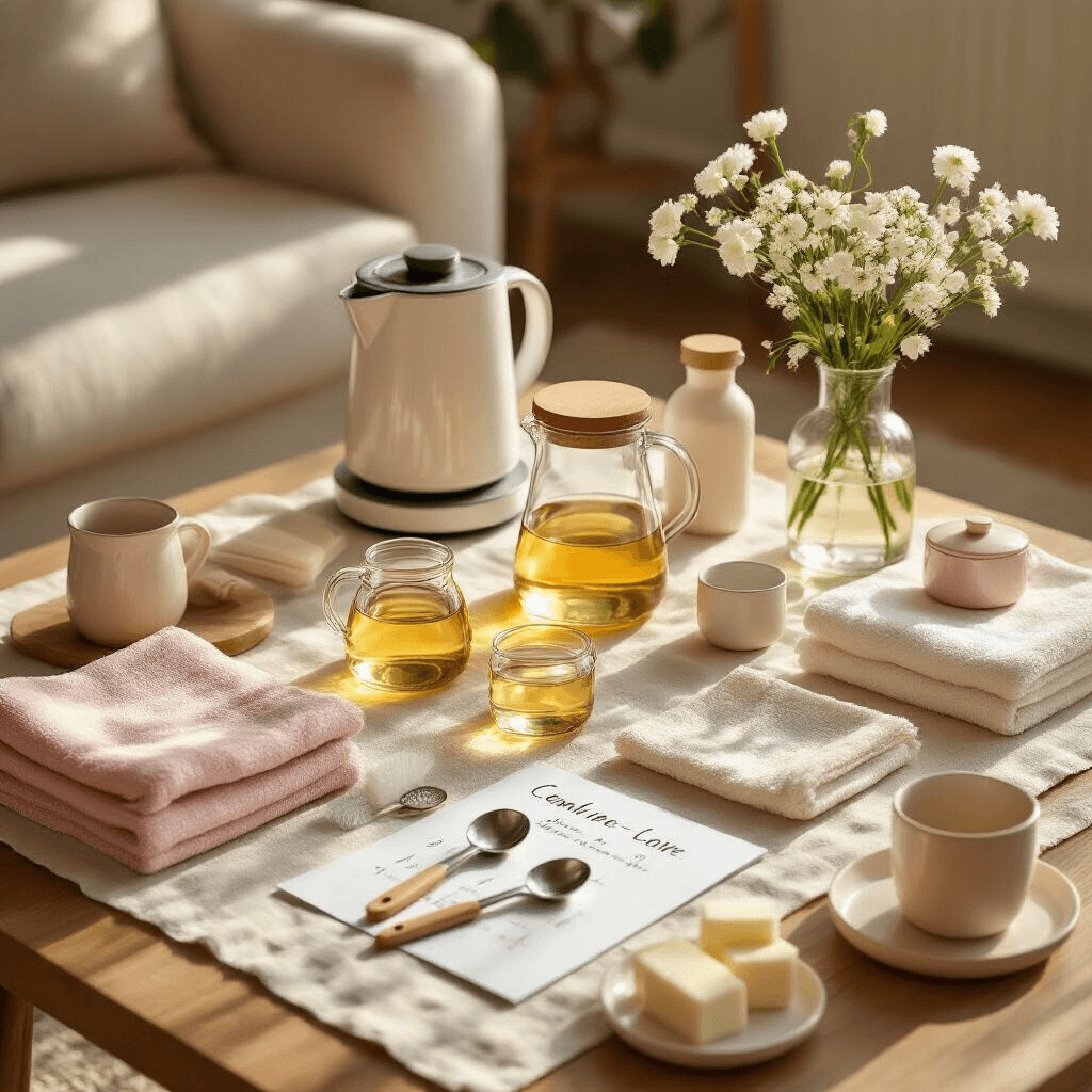 How to Deep Clean Your Coffee Maker with Vinegar: My Battle Against Coffee Grime An overhead flat lay of a vinegar cleaning process on a cozy coffee table, featuring deconstructed coffee maker parts, glass vessels with vinegar-water mix, measuring spoons, cleaning brushes, and aesthetically arranged microfiber cloths, with fresh white flowers and handwritten cleaning schedule cards, all softly illuminated by golden hour sunlight.