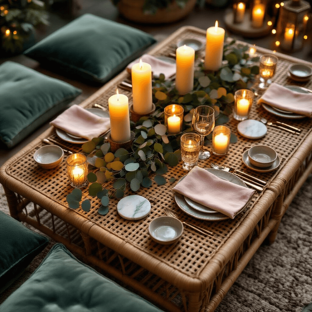 The Rattan Coffee Table Revolution: Why I Ditched My Glass Top for Woven Paradise Cinematic overhead shot of a rattan coffee table adorned with pillar candles, eucalyptus branches, marble coasters, and glassware, set for an intimate evening gathering surrounded by sage green velvet cushions and illuminated by string fairy lights.