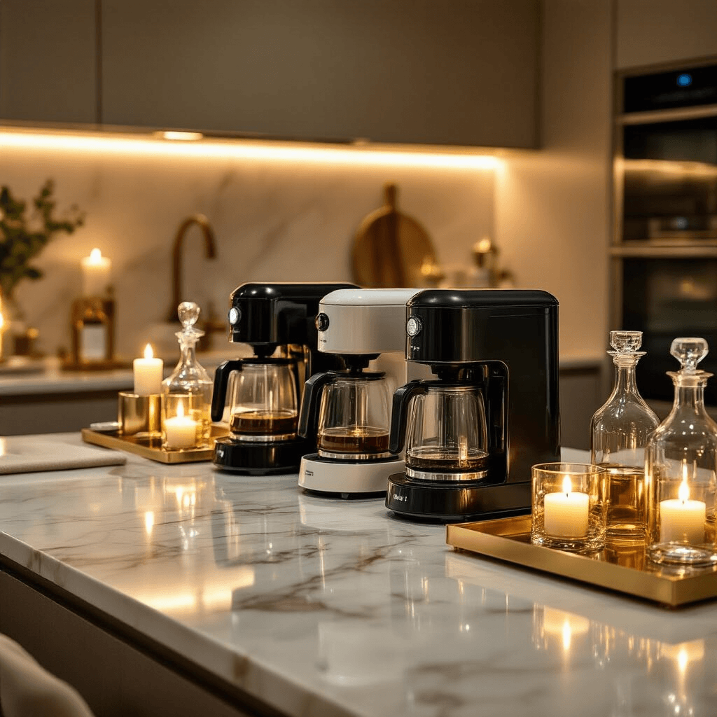 How to Deep Clean Your Coffee Maker with Vinegar: My Battle Against Coffee Grime A luxurious modern kitchen island during evening hours, transformed into a coffee maintenance station with various coffee makers in cleaning stages, ambient candlelight and under-cabinet LEDs, crystal decanters, velvet-lined trays with cleaning tools, and stainless steel components reflecting soft glows.
