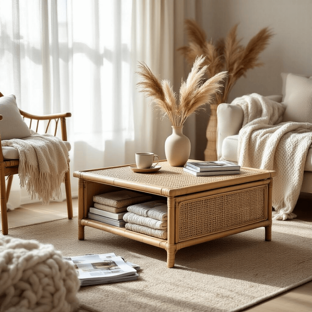 The Rattan Coffee Table Revolution: Why I Ditched My Glass Top for Woven Paradise A cozy apartment scene featuring a square rattan coffee table with a partially lifted top, revealing neatly organized blankets and books inside. Soft morning light filters through sheer white curtains, illuminating a ceramic coffee service, dried pampas grass in a woven vase, scattered magazines, and a chunky knit throw draped over a chair, all in a color palette of ivory, natural wood tones, and soft lavender accents.