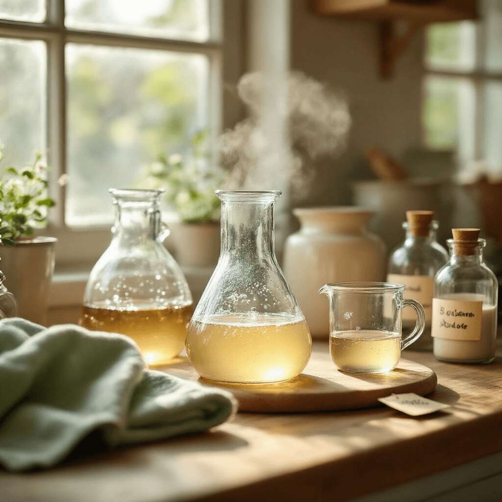 How to Deep Clean Your Coffee Maker with Vinegar: My Battle Against Coffee Grime A whimsical close-up of bubbling vinegar solution in glass carafes and measuring cups, capturing steam and mineral deposits dissolving in a cozy kitchen nook with wooden surfaces, cream ceramics, and vintage cleaning cloths in sage green. Handwritten labels adorn small glass bottles, while soft morning light filters through nearby windows, creating a warm and inviting atmosphere.