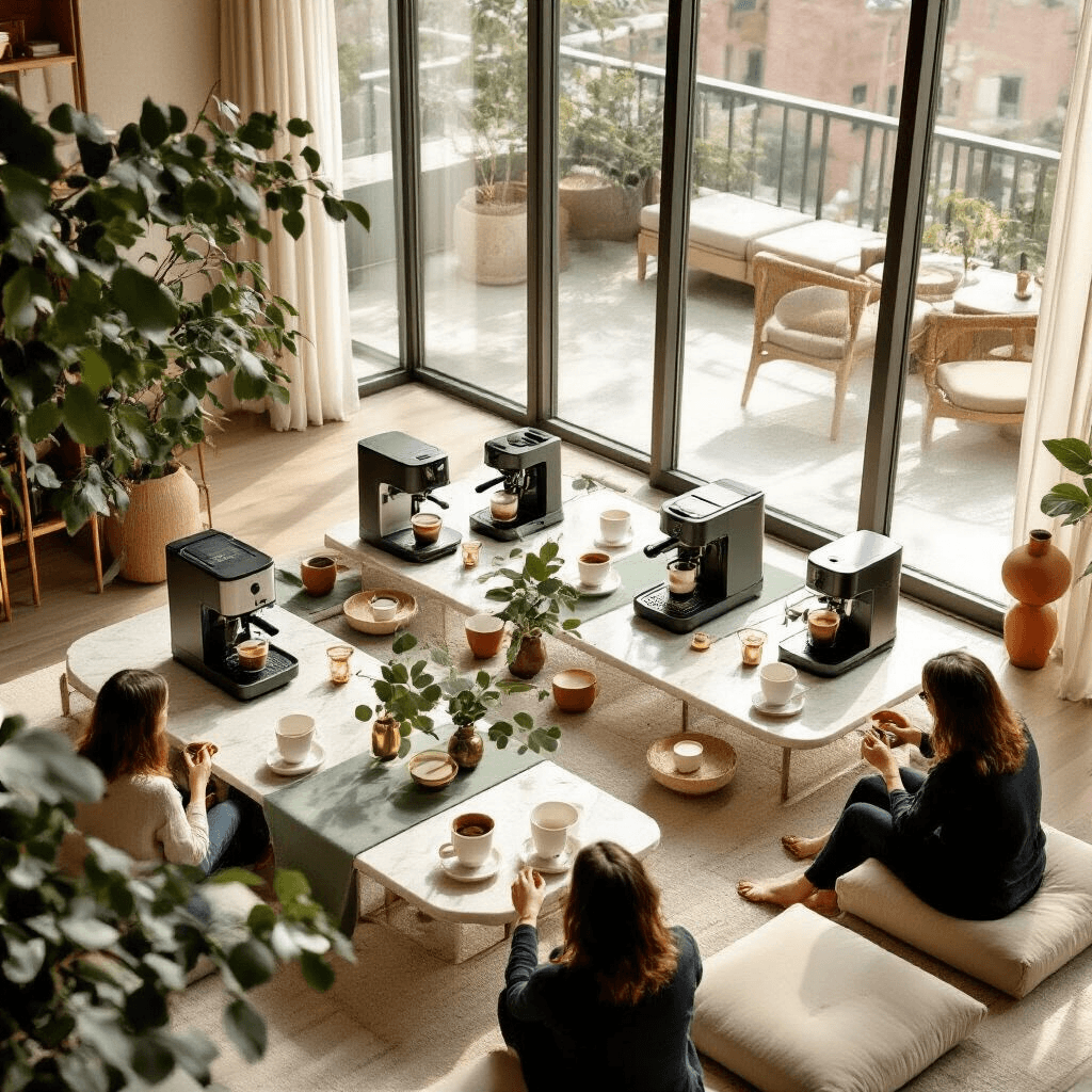 The Tiny Coffee Revolution: My Guide to Mini Coffee Makers That Pack a Punch Overhead view of an elegant coffee tasting event in a modern apartment, featuring low marble tables in a U-shape with mini coffee makers, white ceramic cups, golden spoons, and coffee beans, surrounded by plush cream cushions and fresh eucalyptus centerpieces, all illuminated by soft morning light through large windows.