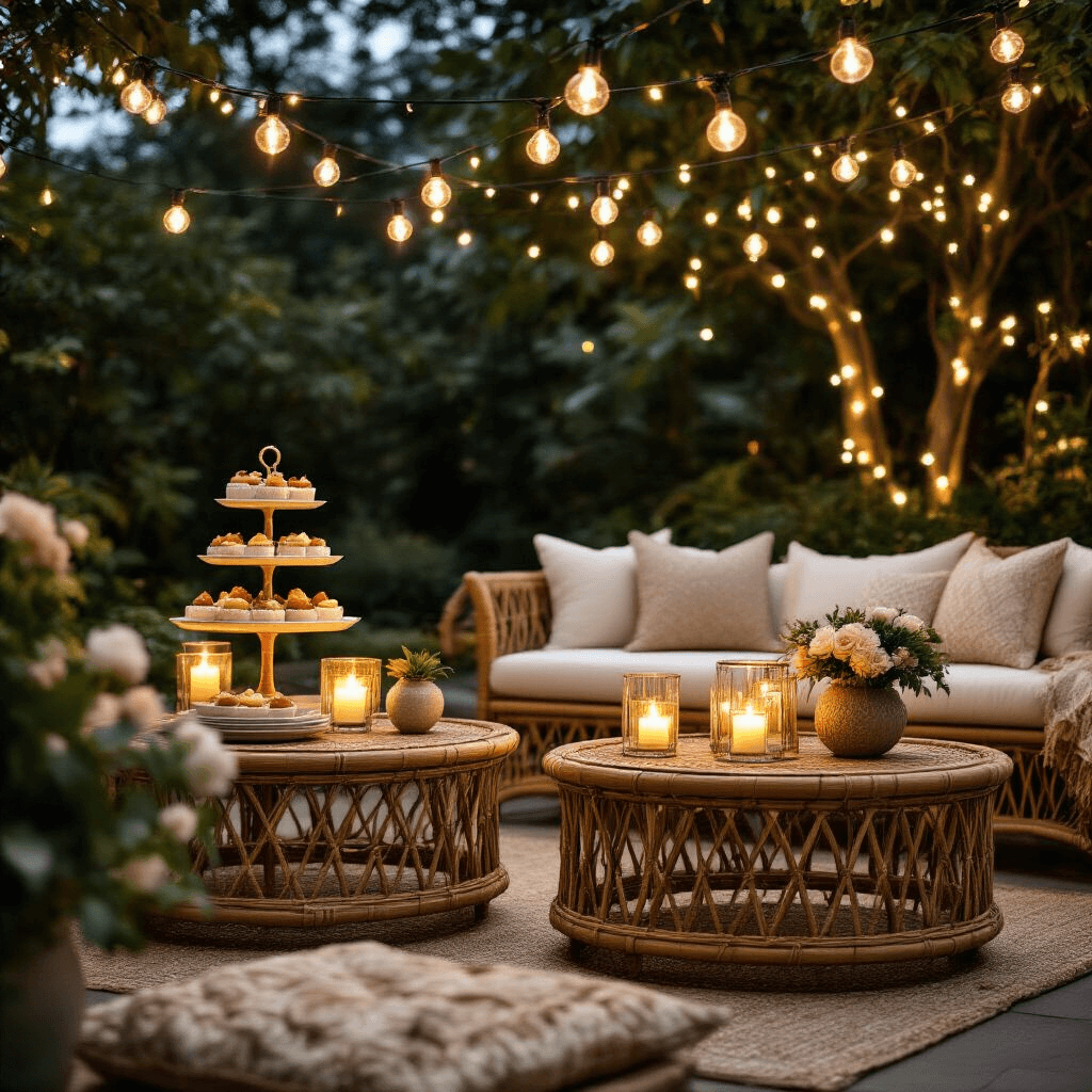 The Rattan Coffee Table Revolution: Why I Ditched My Glass Top for Woven Paradise Close-up of nesting rattan coffee tables in a stylish backyard patio, featuring a tiered dessert arrangement on one table and ambient candle groupings in glass hurricanes on another, illuminated by string lights above. The scene includes gold and ivory textiles, fresh florals, artisanal pottery, and woven placemats, highlighting intricate rattan patterns and a cozy ambiance for outdoor entertaining.