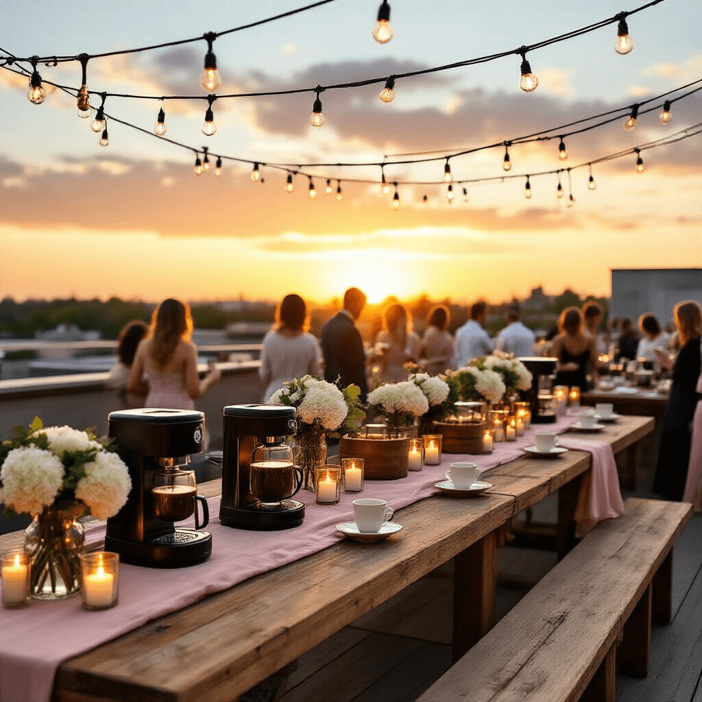 The Tiny Coffee Revolution: My Guide to Mini Coffee Makers That Pack a Punch A rooftop terrace coffee appreciation party during golden hour, featuring rustic wooden tables adorned with coffee makers, pillar candles, and floral arrangements, with guests mingling and delicate porcelain cups in hand under twinkling string lights.