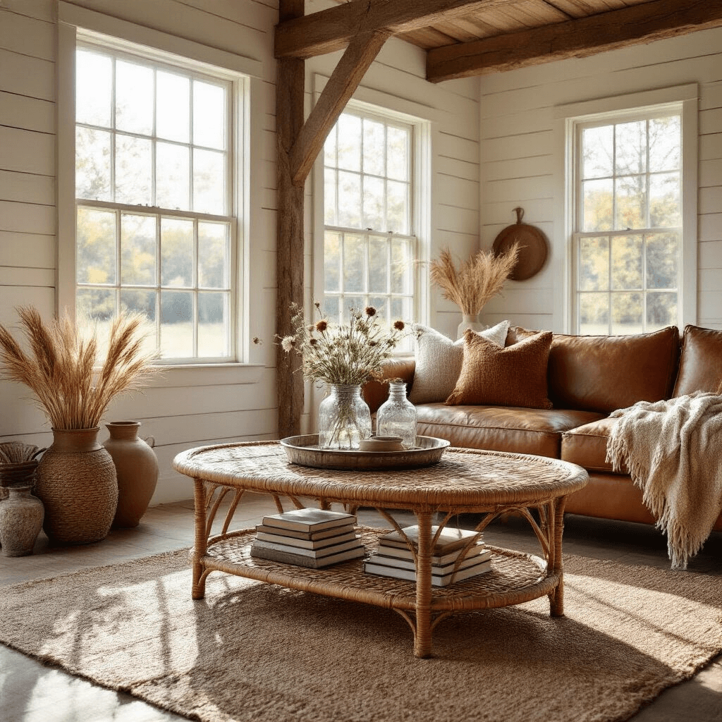 The Rattan Coffee Table Revolution: Why I Ditched My Glass Top for Woven Paradise Photorealistic rustic barn-style living room with a rattan coffee table, large windows letting in midday sun, exposed wooden beams, and shiplap walls in soft cream, decorated with mason jar vases, vintage books, wool throws, and natural elements.