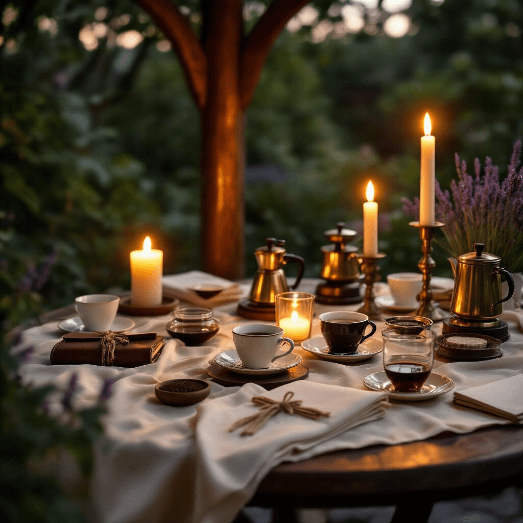 The Tiny Coffee Revolution: My Guide to Mini Coffee Makers That Pack a Punch Close-up of a cozy coffee cupping session in a garden pavilion, featuring espresso machines, vintage scales, tasting notebooks, and glass bowls of coffee, all illuminated by warm candlelight.
