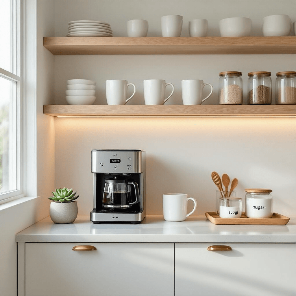 Transform Your Kitchen with a Modern Coffee Corner That Actually Works Wide-angle shot of a minimalist kitchen coffee corner with white oak floating shelves, a compact coffee maker behind pocket doors, and ceramic mugs arranged against a white wall, illuminated by morning sunlight.