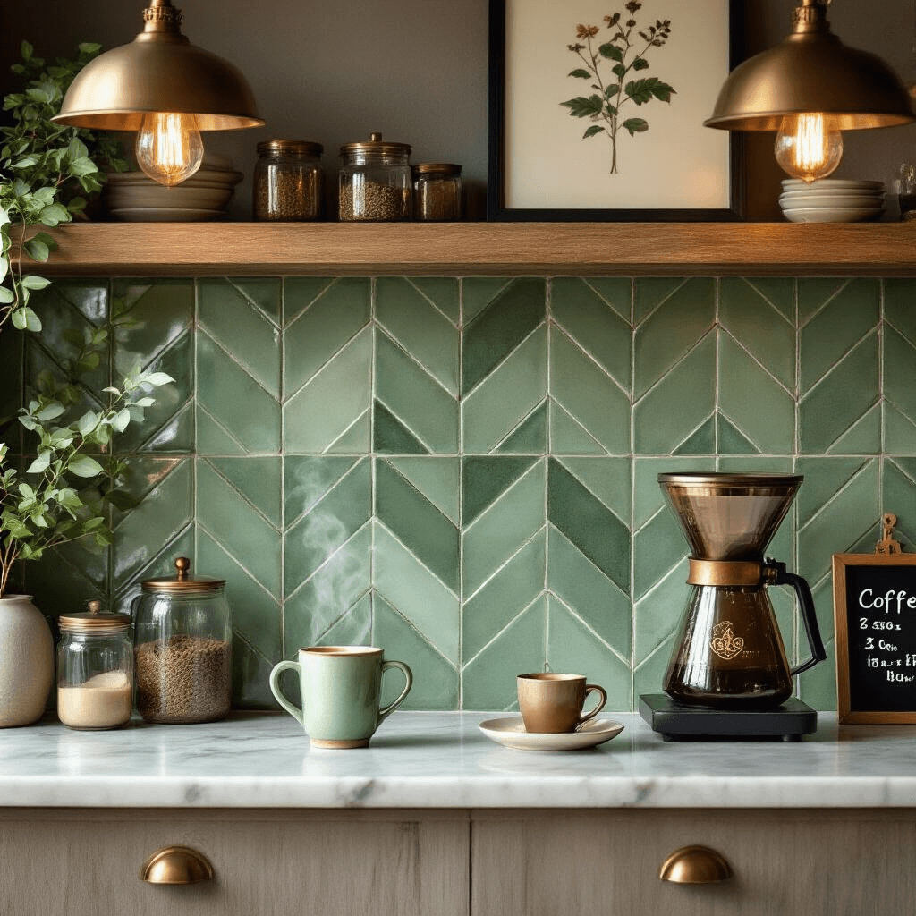 Transform Your Kitchen with a Modern Coffee Corner That Actually Works Close-up of an elegant coffee station featuring sage green handcrafted zellige tiles in a herringbone pattern, a marble countertop with veining, brass fixtures, and a vintage pour-over coffee setup; steam rises from a ceramic mug, with botanical prints and glass storage containers enhancing the cozy atmosphere.