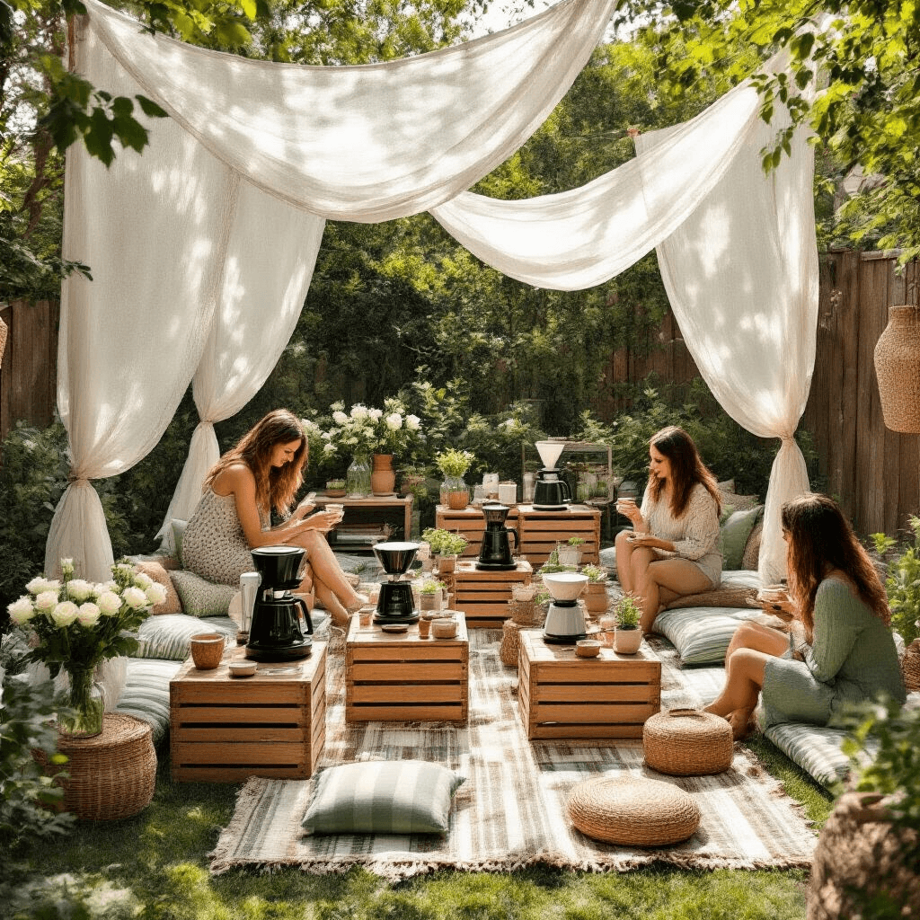 The Tiny Coffee Revolution: My Guide to Mini Coffee Makers That Pack a Punch Overhead view of a whimsical coffee maker demonstration party in a stylish backyard, featuring picnic setups with vintage wooden crates, sleek mini coffee makers, and natural decorations. Guests sit on striped cushions, enjoying coffee amid terracotta, sage green, and rustic elements, all under a gently fluttering gauze canopy.