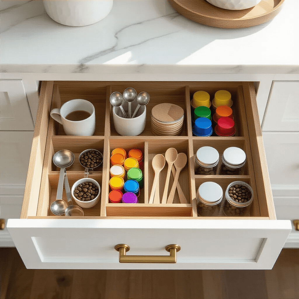 Transform Your Kitchen with a Modern Coffee Corner That Actually Works Overhead view of a well-organized coffee corner drawer featuring white oak inserts with geometric compartments, showcasing coffee accessories like silver measuring spoons, wooden stirrers, colorful coffee pods, neatly stacked paper filters, and small glass jars of coffee beans, all under bright natural light with contrasting brass pulls and stainless steel elements.