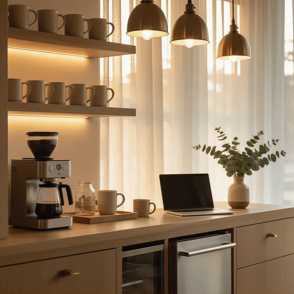 Transform Your Kitchen with a Modern Coffee Corner That Actually Works Moody evening shot of a multifunctional coffee corner and mini office space with warm golden hour lighting, featuring white oak shelves with ceramic mugs, a stainless steel mini fridge, butcher block countertop, and brass pendant lights, creating an intimate, luxury atmosphere.