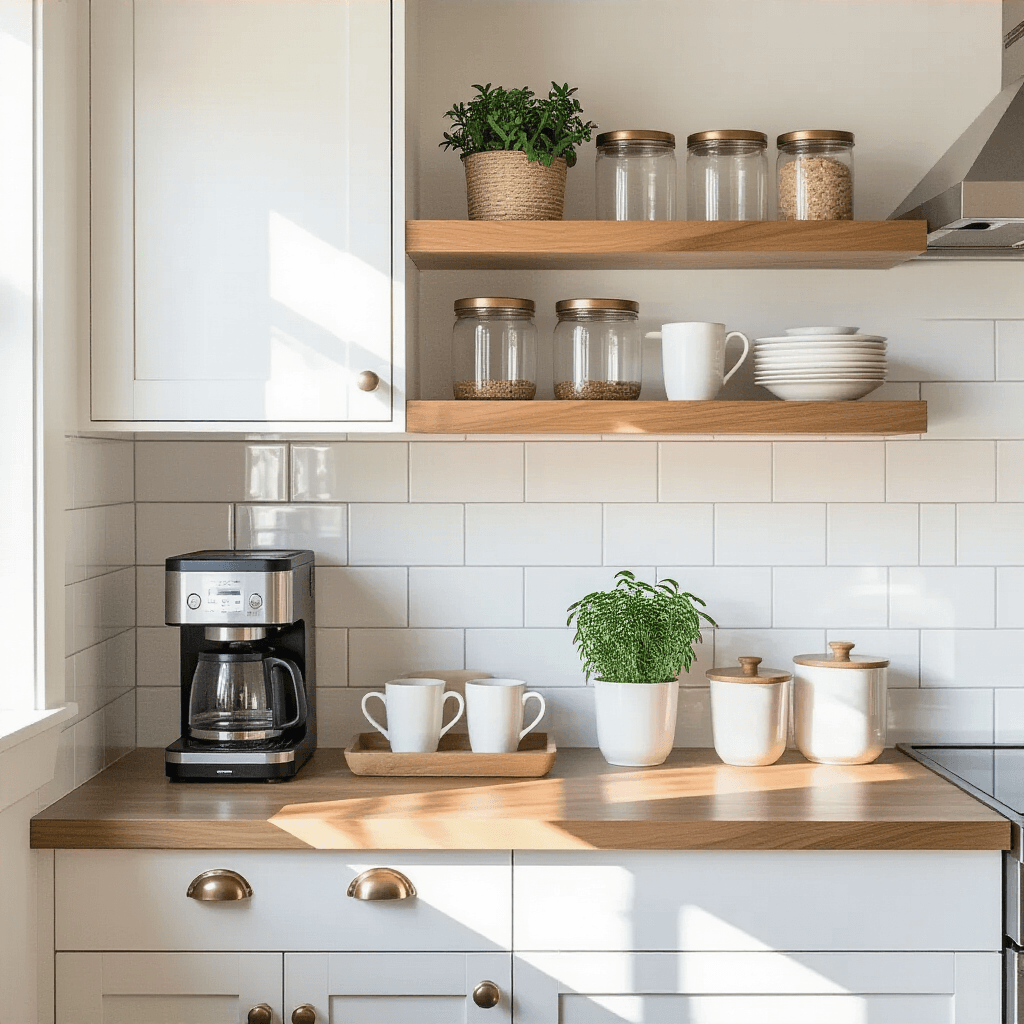 Transform Your Kitchen with a Modern Coffee Corner That Actually Works A bright, airy kitchen coffee nook featuring clever vertical storage solutions, including upper cabinets with hidden hinges, floating shelves, and tiered wooden organizers, accented by white ceramic tiles, glass canisters, and a small herb plant.