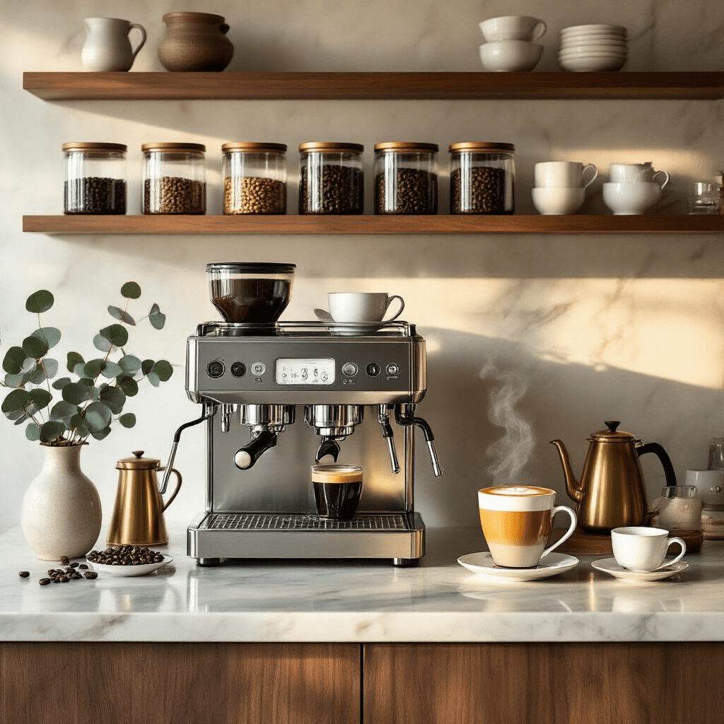 How I Transformed My Kitchen Into the Perfect Coffee and Tea Bar (And Why You'll Want to Copy Every Detail) Wide-angle shot of a modern kitchen coffee and tea bar featuring marble countertops, a stainless steel espresso machine, glass canisters of coffee beans, a tiered display of porcelain teacups, and fresh eucalyptus in a vase, all illuminated by soft morning golden hour light.