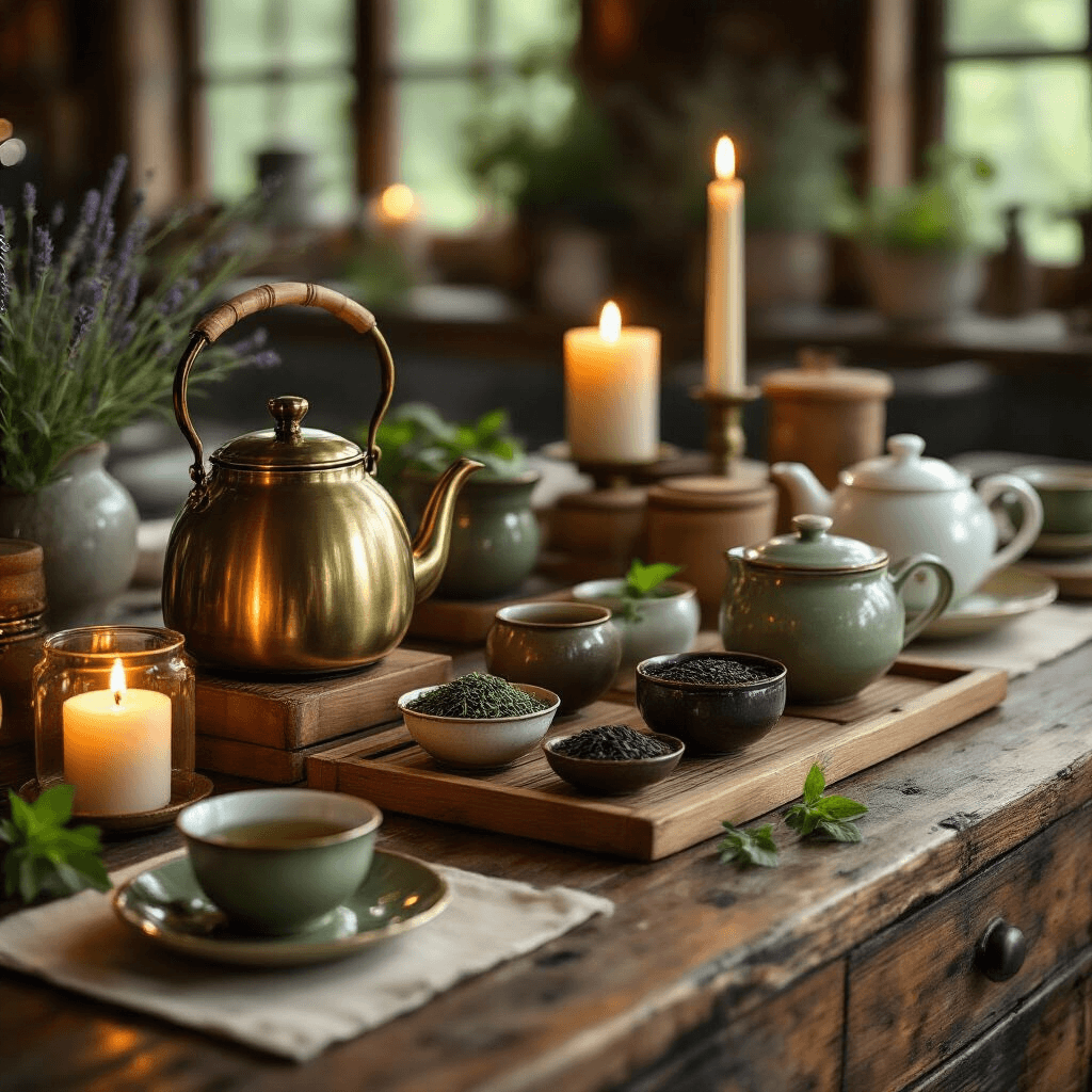 How I Transformed My Kitchen Into the Perfect Coffee and Tea Bar (And Why You'll Want to Copy Every Detail) Close-up of an elegant tea service on a rustic wooden island, featuring vintage brass accessories, vibrant loose leaf teas in glass bowls, soft candlelight, and a delicate porcelain teapot, creating a cozy atmosphere for evening tea rituals.