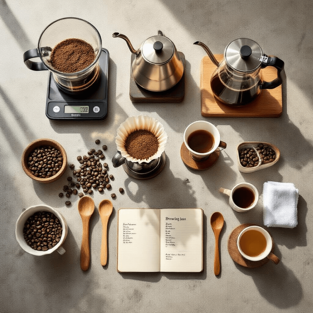 How I Transformed My Kitchen Into the Perfect Coffee and Tea Bar (And Why You'll Want to Copy Every Detail) Overhead flat lay of a complete coffee brewing station on polished concrete, featuring a digital scale with ground coffee, a gooseneck kettle, French press, pour-over dripper, and espresso cups, all arranged geometrically. Airtight containers with labeled coffee beans, a notebook with notes, wooden spoons, and white towels enhance the setup, with fresh coffee beans scattered around. The warm color palette includes browns, whites, and natural wood, highlighted by sharp shadows and bright sunlight.