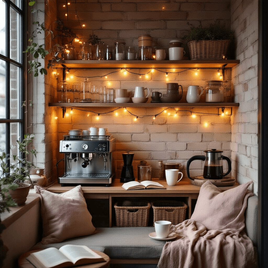 How I Transformed My Kitchen Into the Perfect Coffee and Tea Bar (And Why You'll Want to Copy Every Detail) Cozy apartment breakfast nook transformed into a coffee and tea bar with floating shelves, espresso machine, and warm string lights, featuring a steaming mug and an open book in an inviting corner.