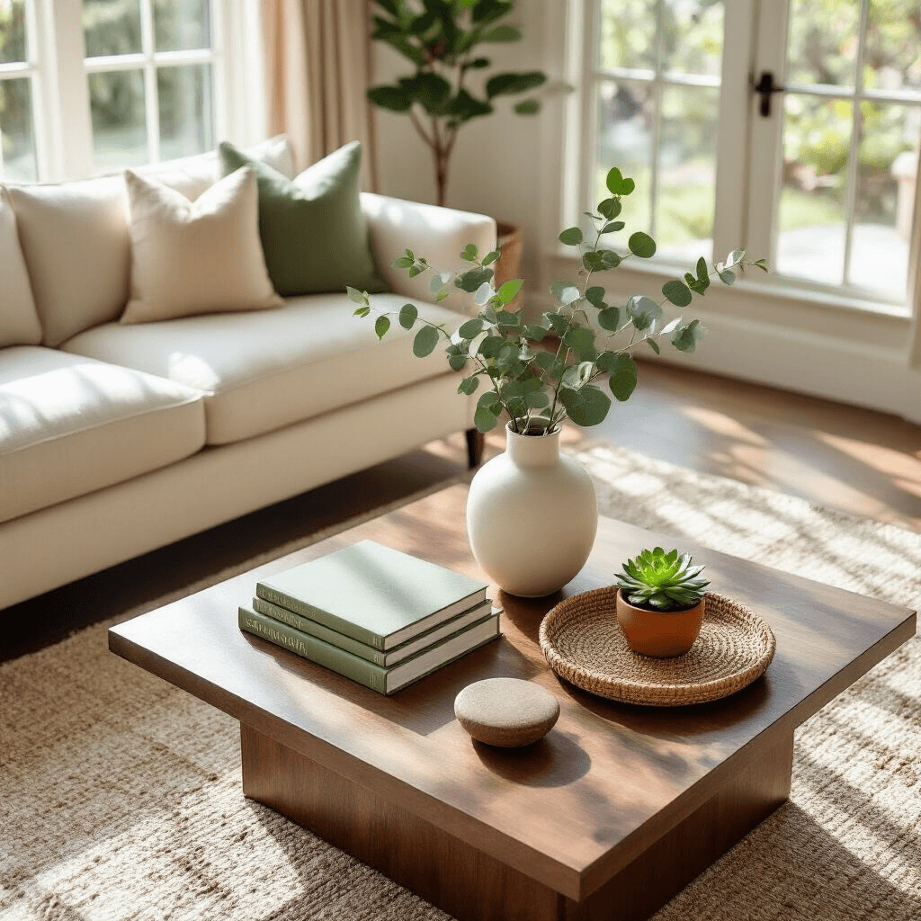 Transform Your Space with the Perfect Coffee Table: A Complete Top-View Guide to Styling Excellence An elegantly styled living room coffee table with a walnut tabletop under soft morning sunlight, featuring a tall white vase with eucalyptus, a stack of sage green and cream books, a low brass bowl with coasters, and a jute tray with a small succulent, showcasing a warm neutral color palette and functional decor.