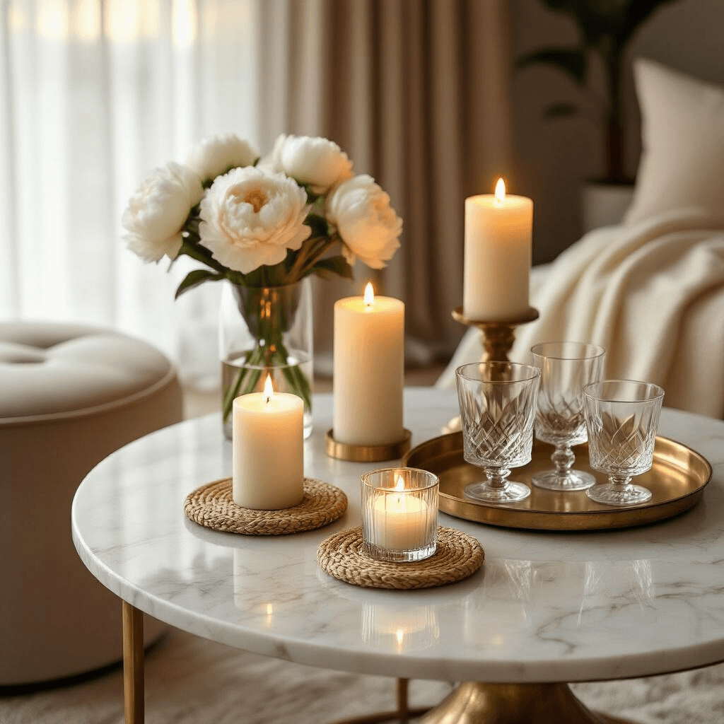 Transform Your Space with the Perfect Coffee Table: A Complete Top-View Guide to Styling Excellence Cinematic detail shot of a round marble coffee table elegantly styled for evening entertaining, featuring pillar candles, crystal glasses on a vintage brass tray, and fresh peonies, all illuminated by golden hour light filtering through sheer curtains.