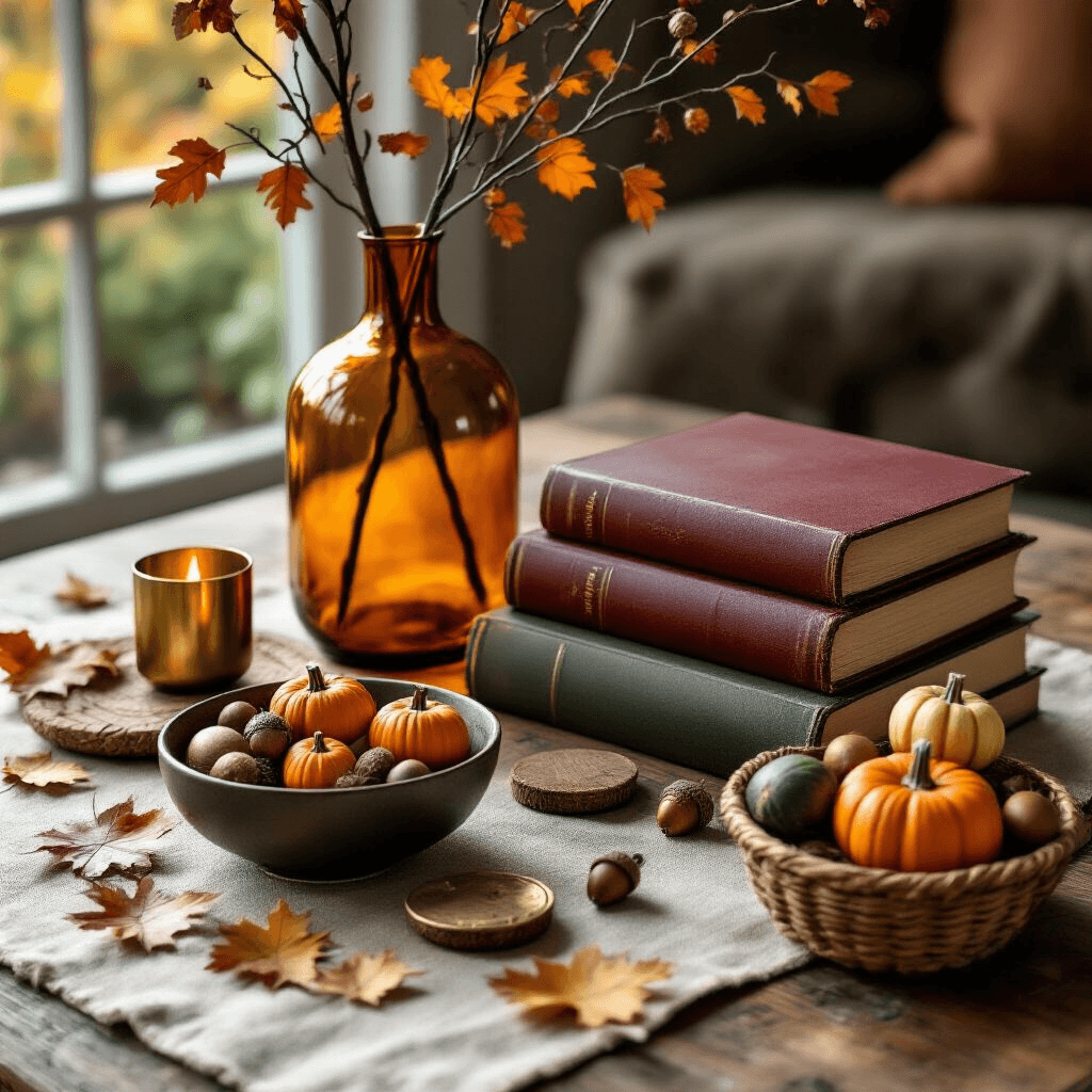Transform Your Space with the Perfect Coffee Table: A Complete Top-View Guide to Styling Excellence Close-up flat lay of an autumn-themed coffee table arrangement on a reclaimed wood surface, featuring an amber glass vase with dried oak branches, stacked leather-bound books in burgundy and green, a ceramic bowl with mini pumpkins and acorns, a natural linen runner, brass candle holders, scattered fallen leaves, vintage coasters, and a woven basket with seasonal gourds, all illuminated by warm afternoon light.