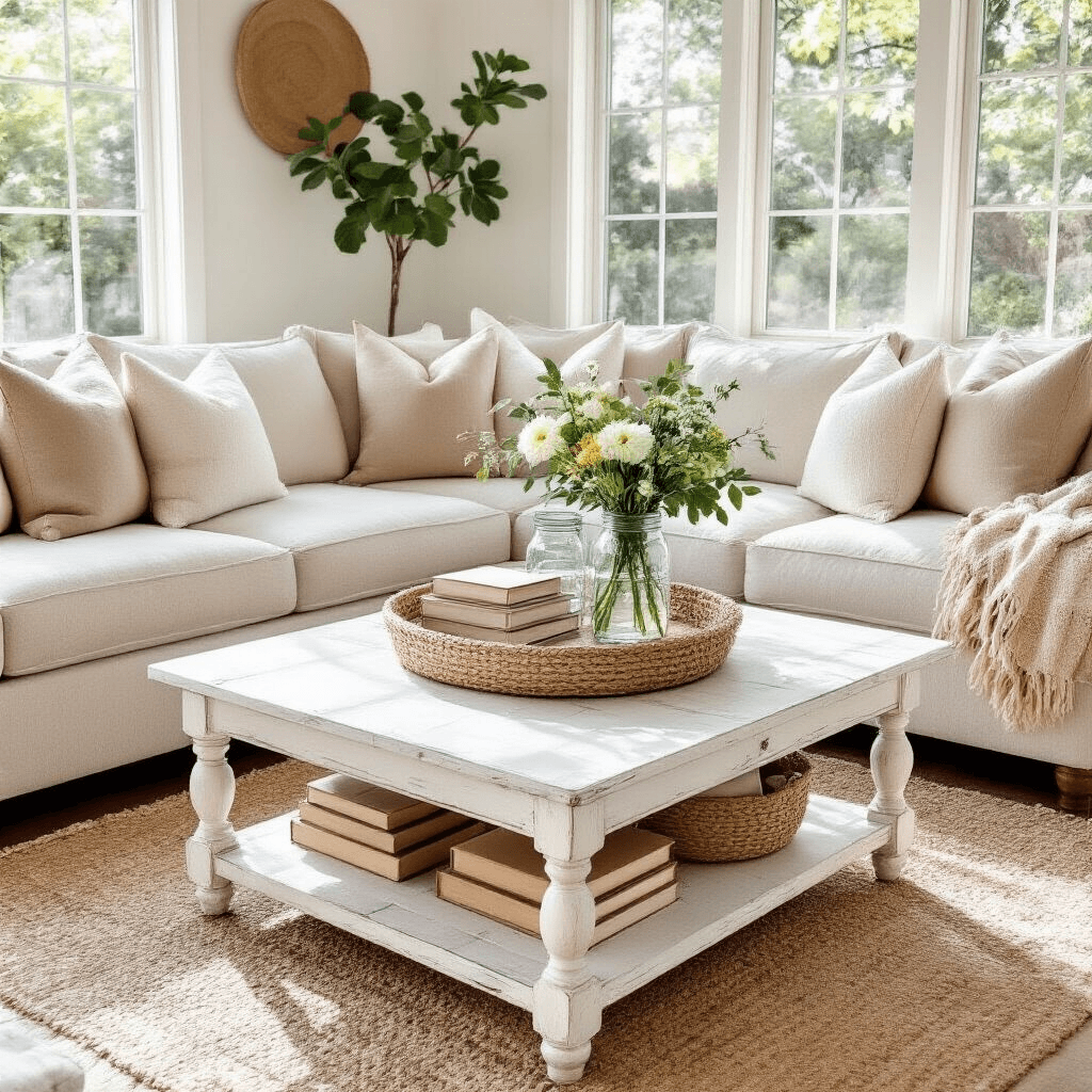 Transform Your Space with the Perfect Coffee Table: A Complete Top-View Guide to Styling Excellence Wide-angle shot of a budget-friendly coffee table styled to appear luxurious, featuring a vintage white wood table with DIY decor elements, surrounded by a neutral sectional sofa. The arrangement includes wrapped books, mason jar vases with flowers, thrift store finds, a jute tray, and natural textures from driftwood and rocks, bathed in bright midday sunlight.