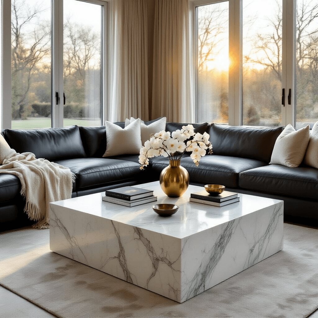 Why Marble Coffee Tables Are Living Room Game-Changers Photorealistic wide-angle shot of an elegant modern living room featuring a white marble coffee table with brass legs, black leather sectional sofa, cream linen pillows, and soft golden hour sunlight illuminating the space.