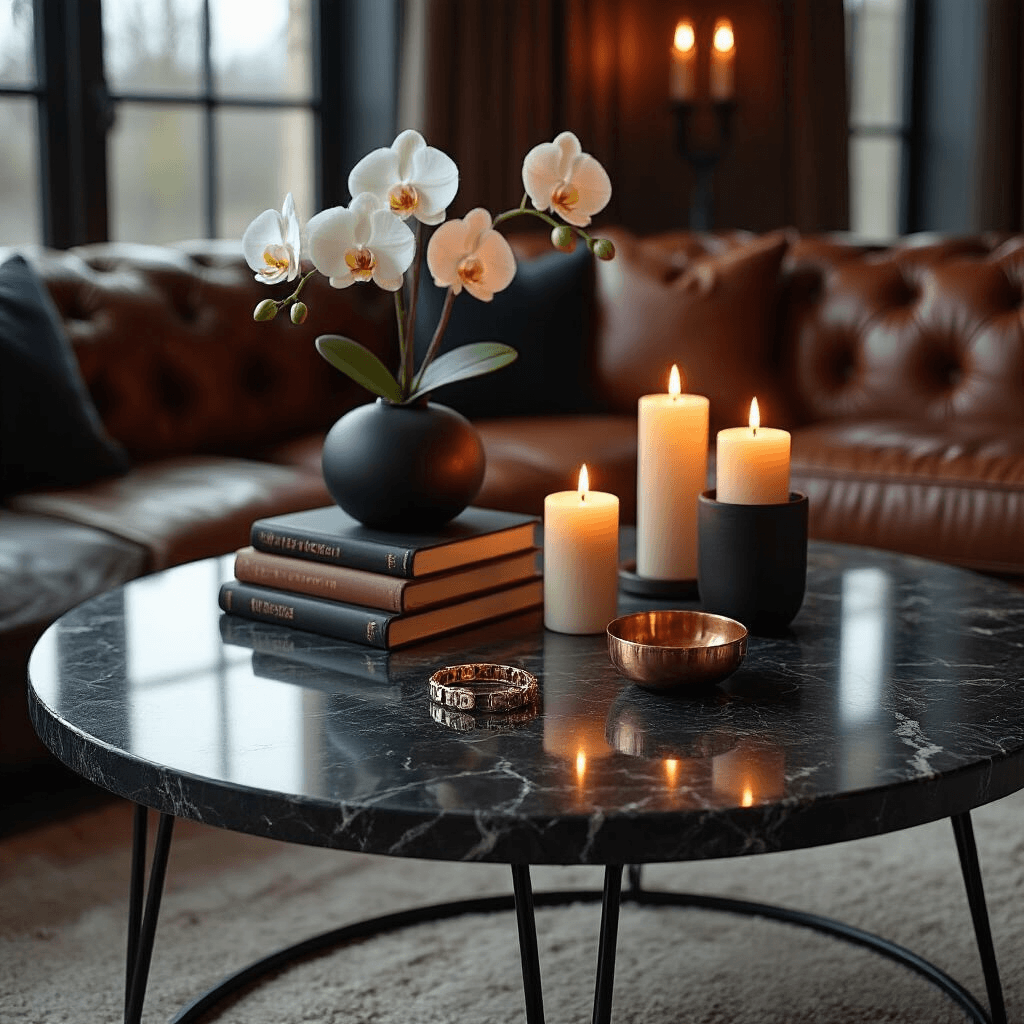 Why Marble Coffee Tables Are Living Room Game-Changers Intimate close-up of a black marble coffee table in a candlelit bachelor pad, showcasing its gleaming surface and charcoal veining, with curated book styling, vintage cufflinks in a copper bowl, and a white orchid in a matte black vase, set against a rich cognac leather sofa and charcoal wool rug, enveloped in a sophisticated and elegant atmosphere.